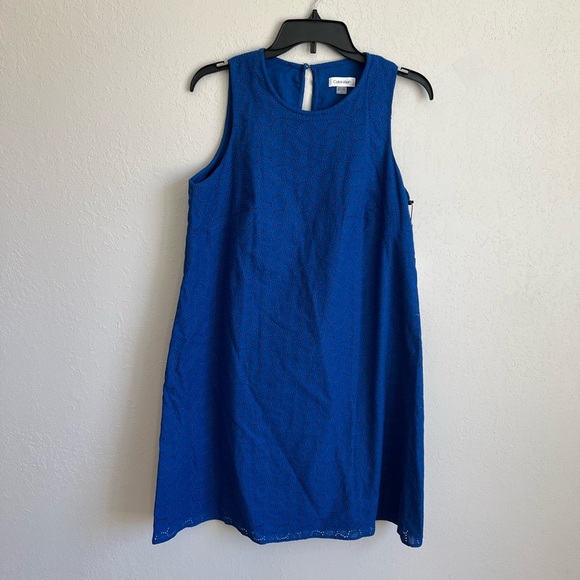 NWT Calvin Klein Blue Crochet Pattern Tank Dress Women’s 10 Work Career - Picture 1 of 5